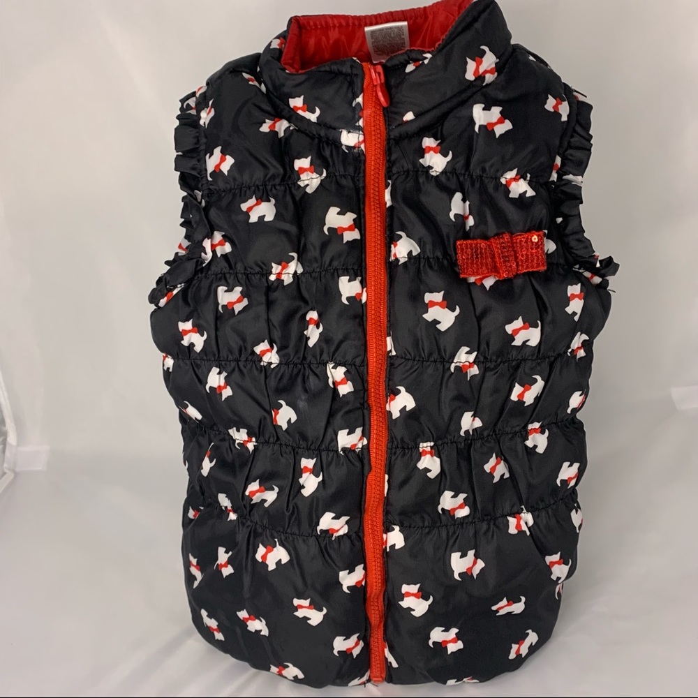Black Toddler Girl's Puffer/Ski Vest with with Scottie Dogs and red accents.